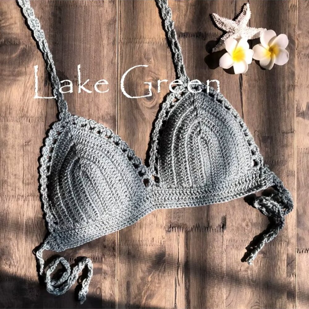Lake Green Handmade Crochet Bikini Top Bra Halter Tie Swimwear Beach Boho S-XL‎
